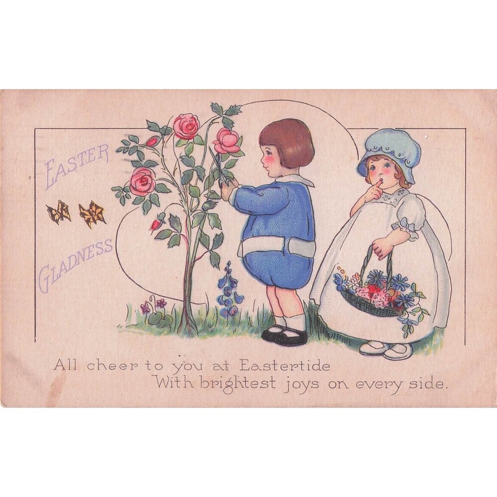 Vintage Easter Postcard Children Flowers Butterfly 1c Stamp Due Mark Plattsburgh
